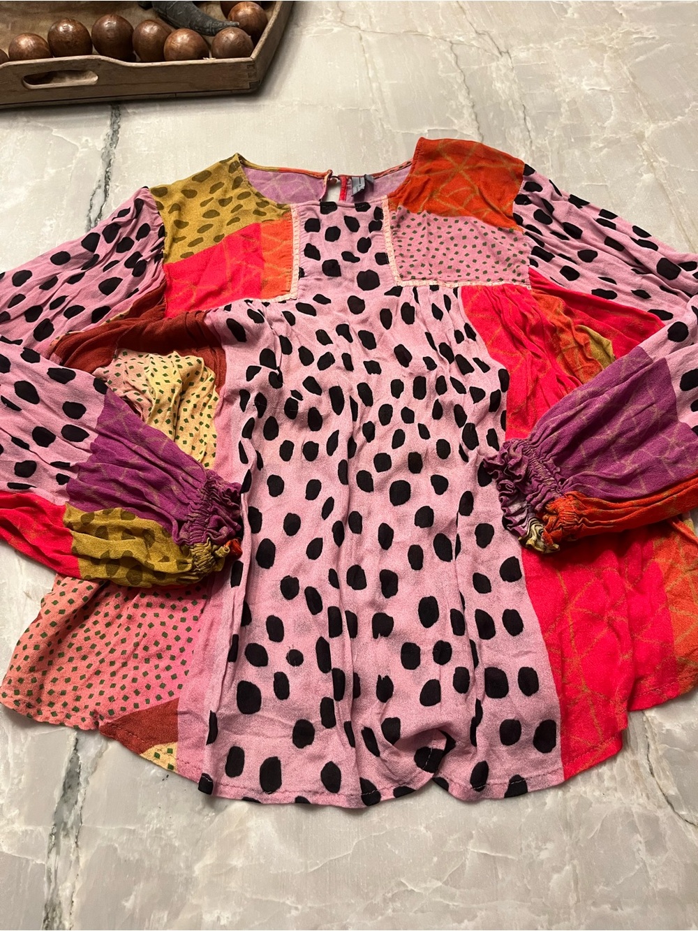 Blank NYC Pink Patchwork Polka Dot Mixed-Print Blouse